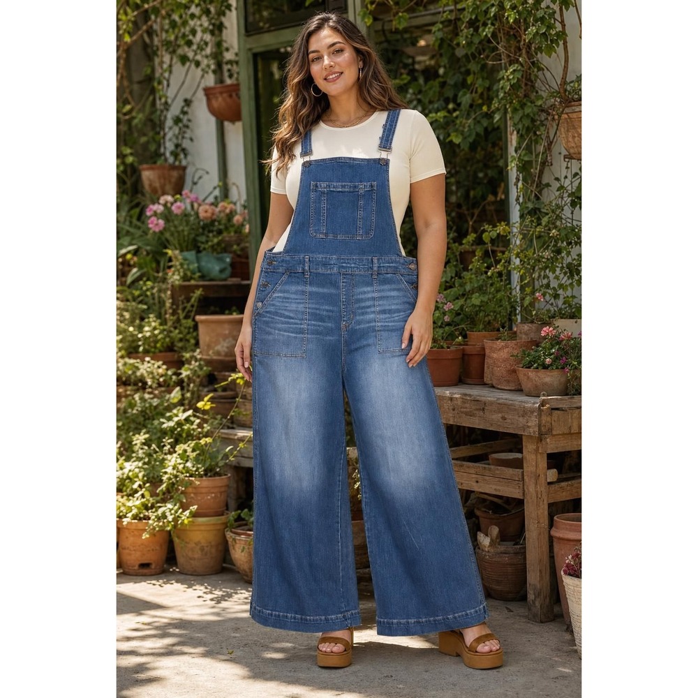 Torrid Wide Leg Denim Overalls Women's 18 S Blue Stretch Retro Medium Wash